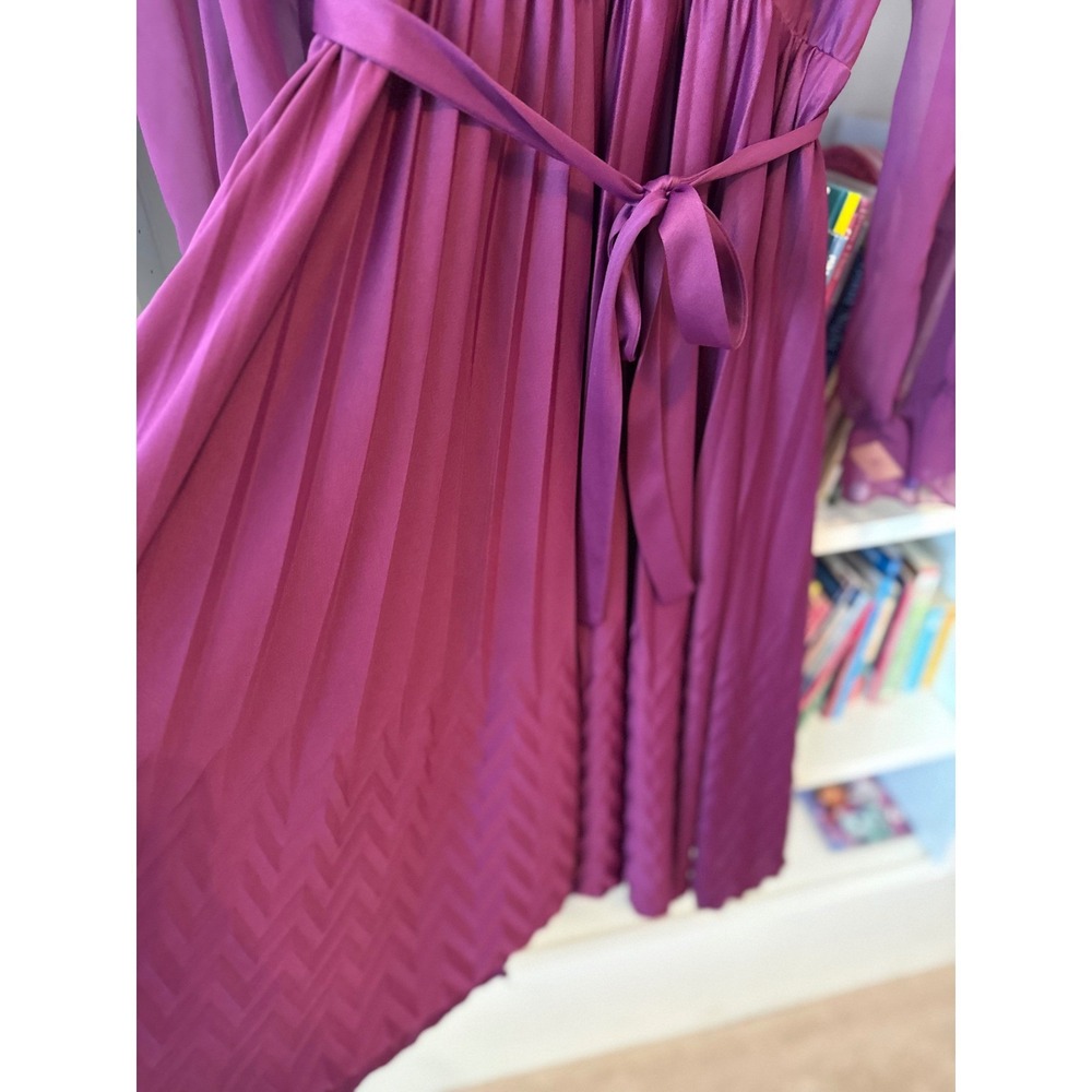 80s Pleated Midi Dress Ruffle Wrap Sheer Sleeve Plum Size 10 - Picture 5 of 6